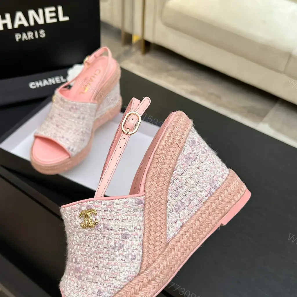 View 10 of Textured Pink Espadrille Wedges – Knit Upper, Platform Glam