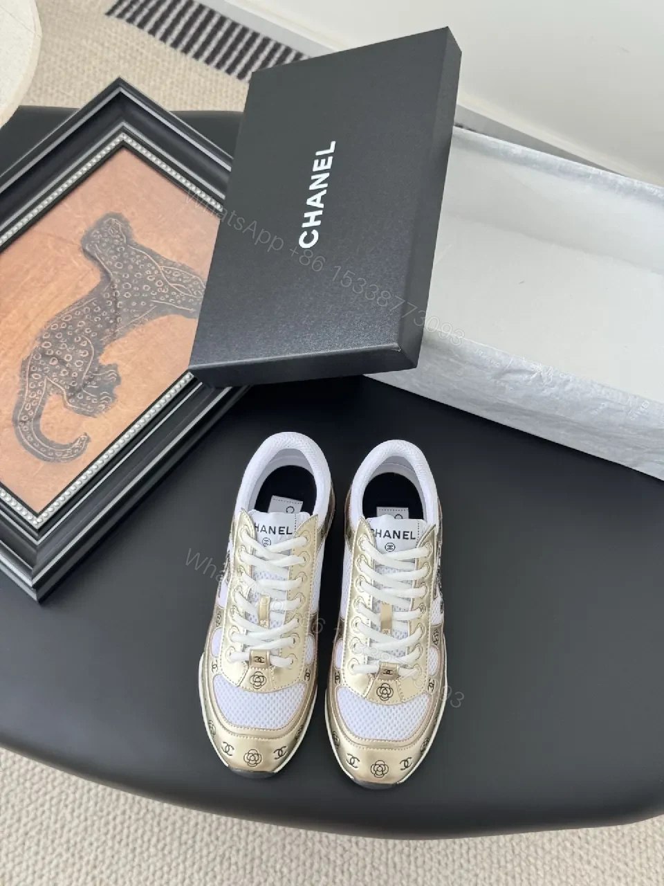 View 5 of Gold-Tone Leather Sneakers: Luxe Comfort, Designer-Inspired Style