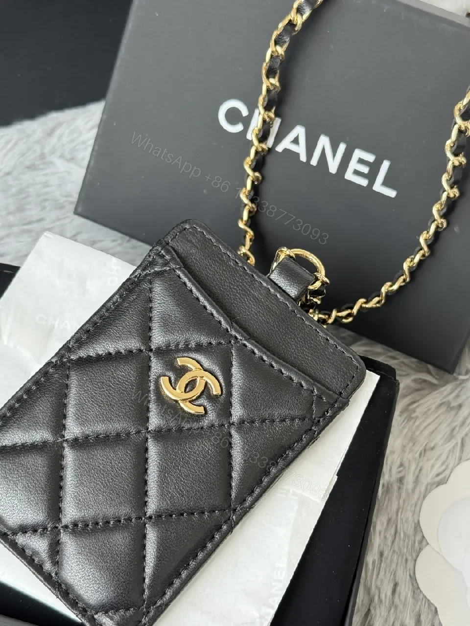 View 5 of Compact Quilted Leather Wallet on Chain with Gold Hardware