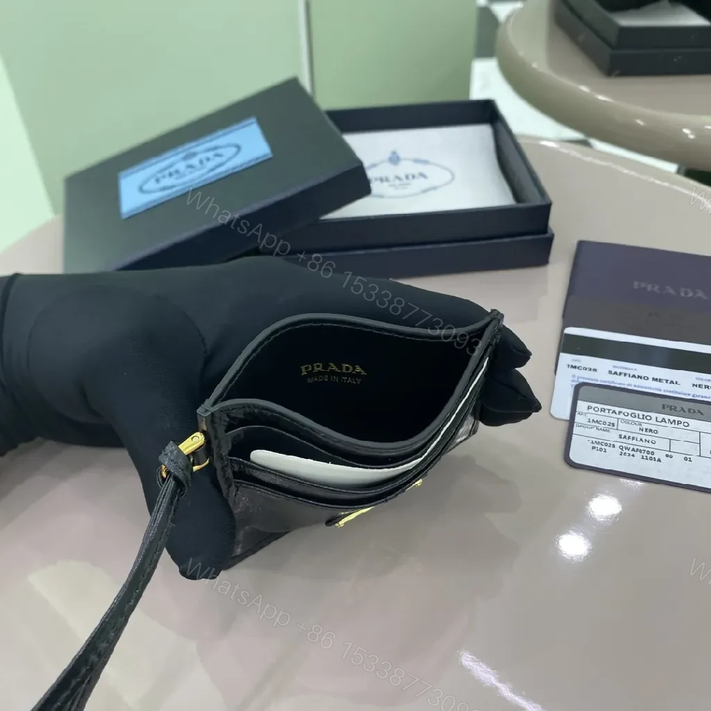 View 2 of Black Leather Compact Cardholder, Gold Logo, Minimalist, Central Bill Compartment, Cardholder
