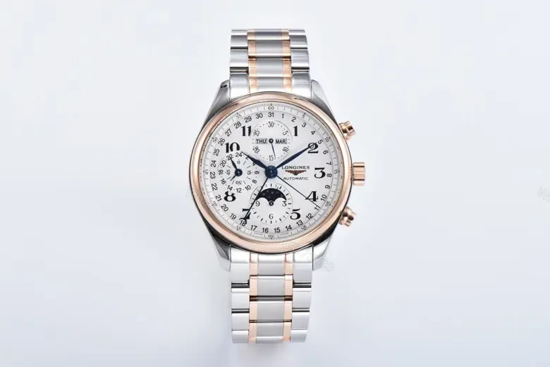Longines Master Collection Moonphase Chronograph Watch Silver Dial Two Tone Stainless Steel and Rose Gold Bracelet 42mm Case Classic Elegant Style — view 1