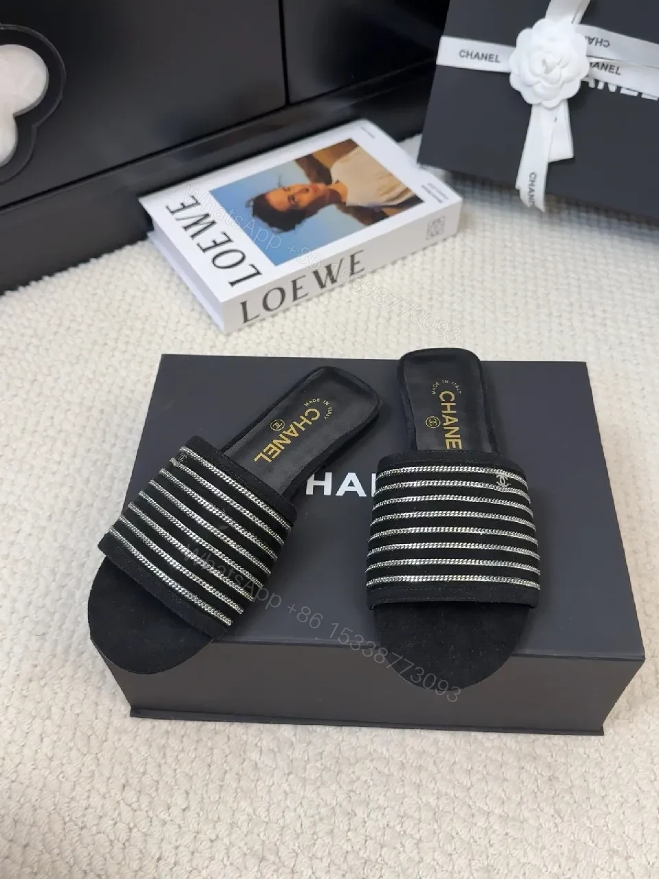 View 7 of Black + Synthetic + Slide + Shimmer Band + Sandals