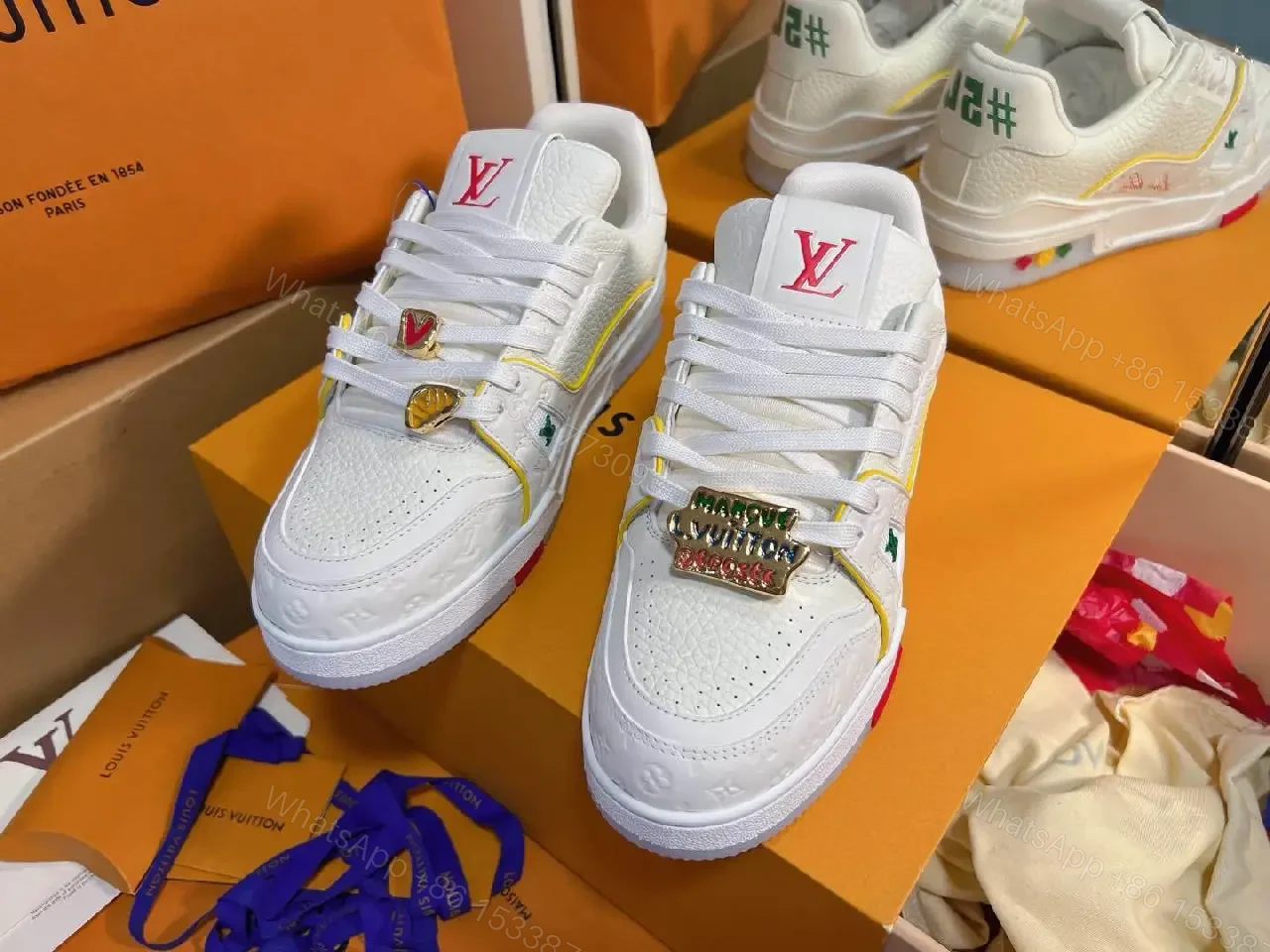 Bright Neon Accents Premium White Leather High-Tops — view 1