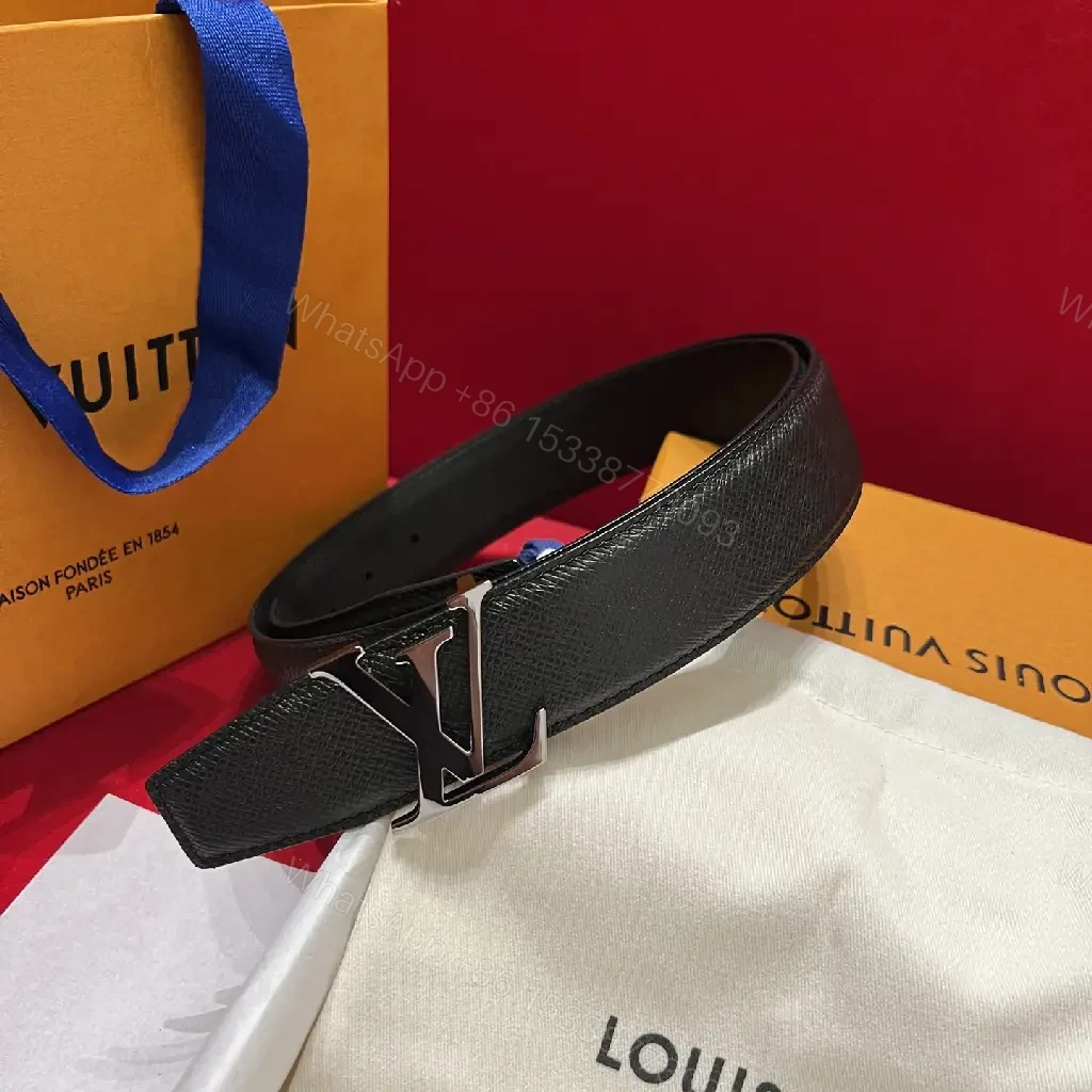 View 7 of Black Pebbled Leather Belt with LV Buckle, Classic Style