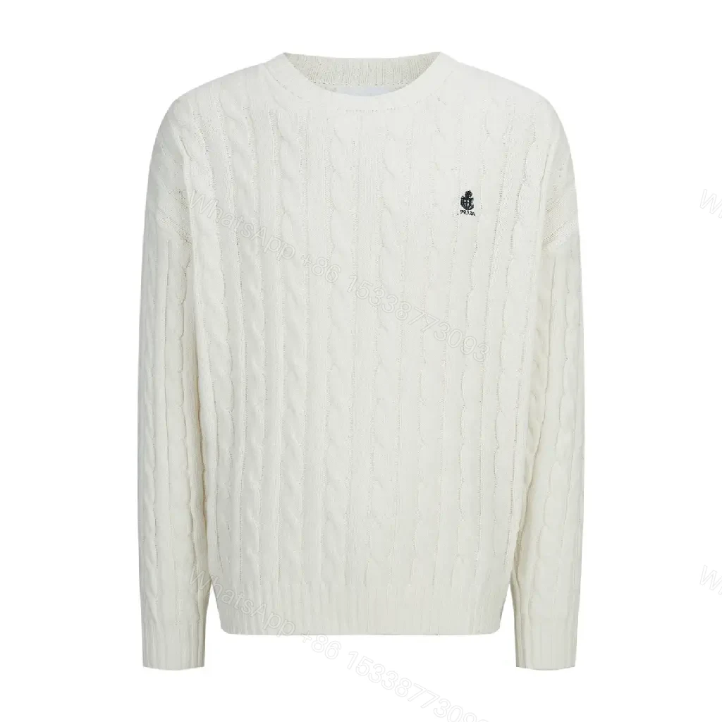 View 7 of Off-White Cream Cable-Knit Crew Neck Sweater with Logo Emblem
