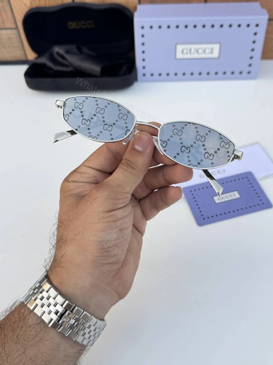 View 3 of First Copy Gucci 32827 Silver Monogram Luxury Designer Sunglasses Premium UV Protection Eyewear