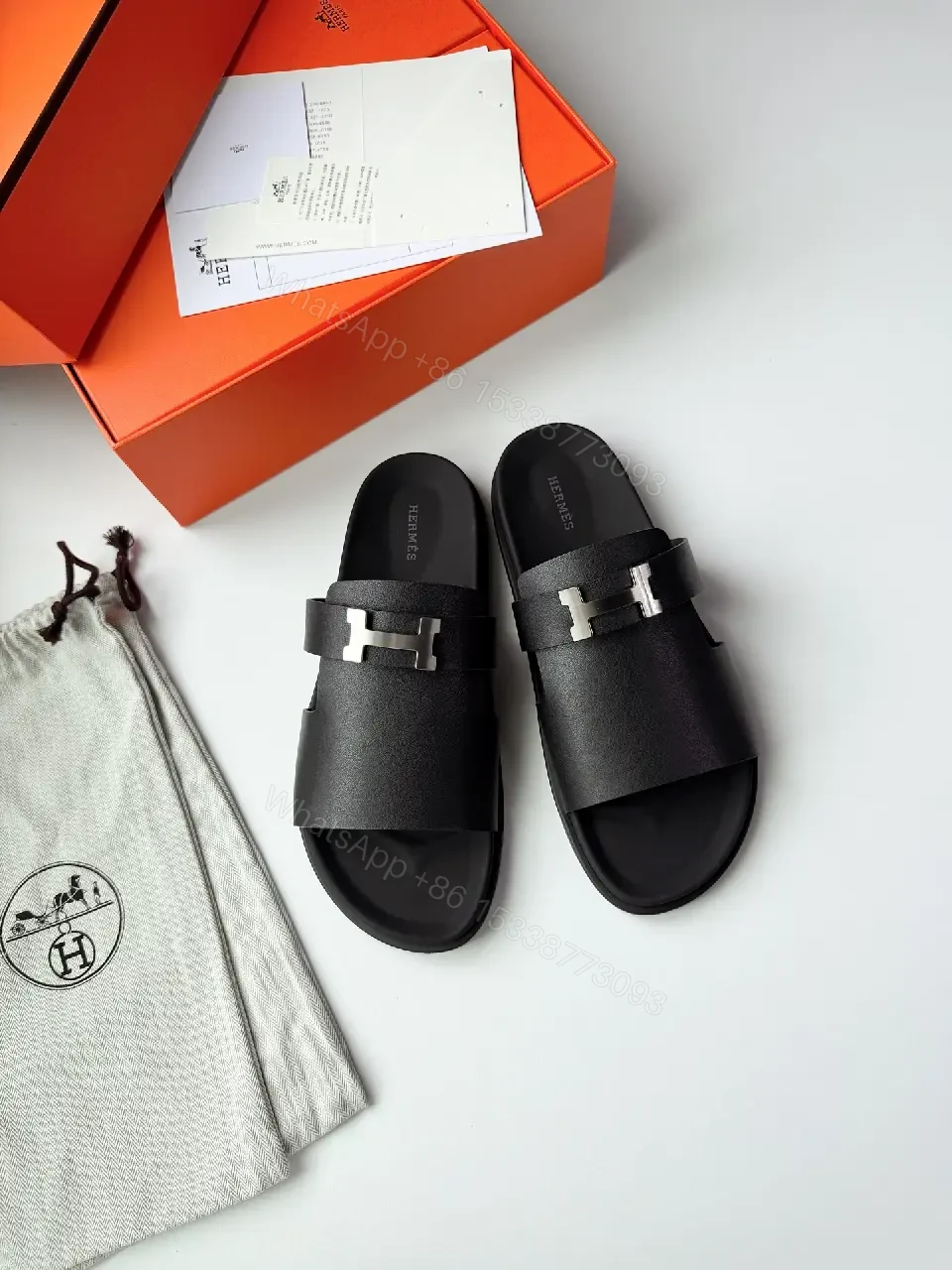 View 5 of Black Leather Slide Metal Buckle Modern Comfort Fit Sandals