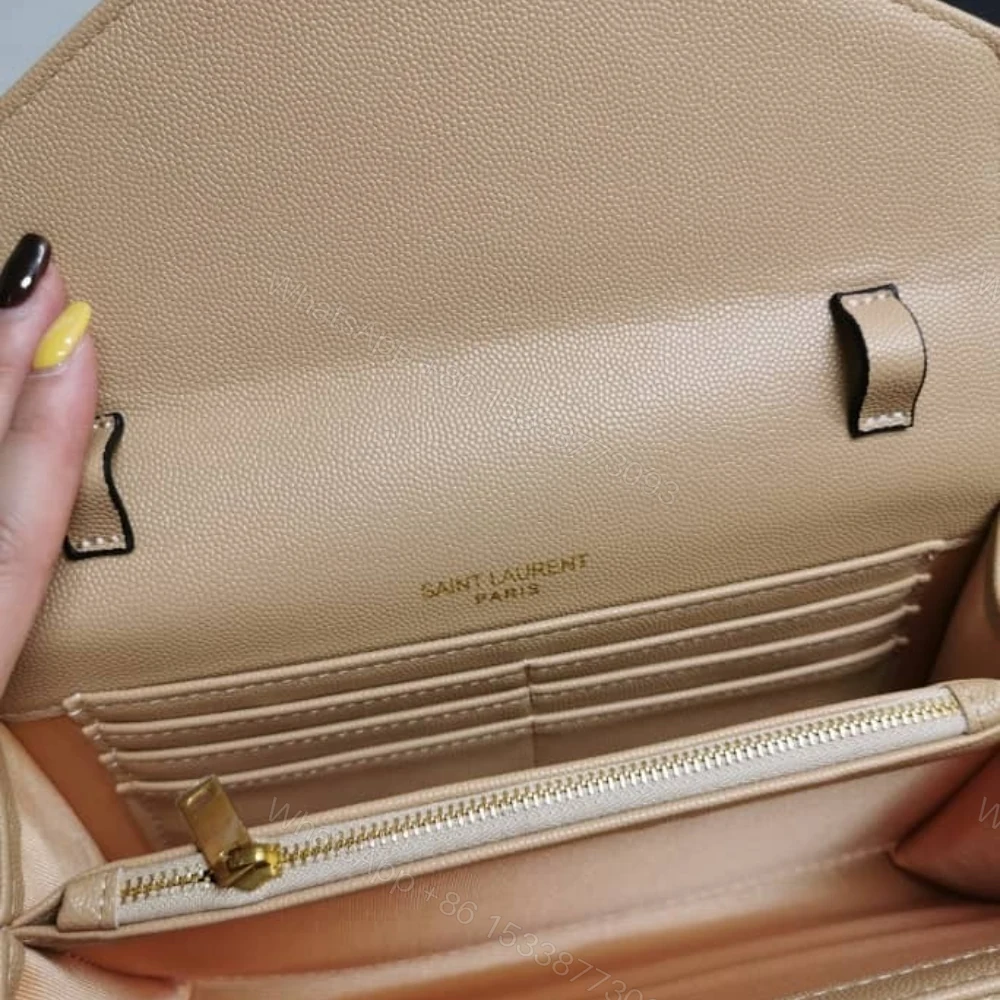 View 7 of Saint Laurent Cassandre Matelassé Chain Wallet In Grain De Poudre Embossed Beige 22Cm