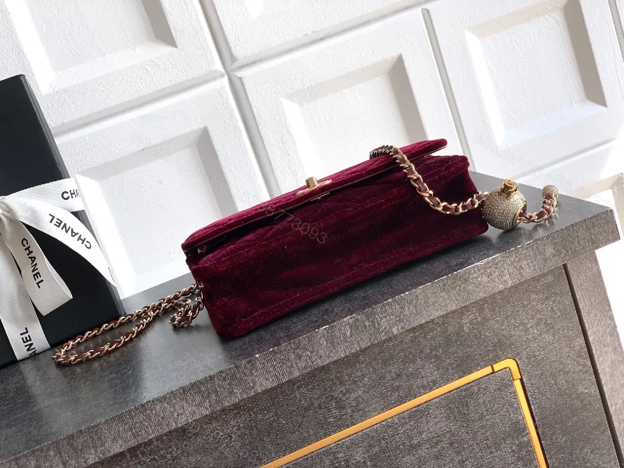View 4 of Velvet Crossbody Bag: Burgundy, Gold Hardware, Quilted Chic