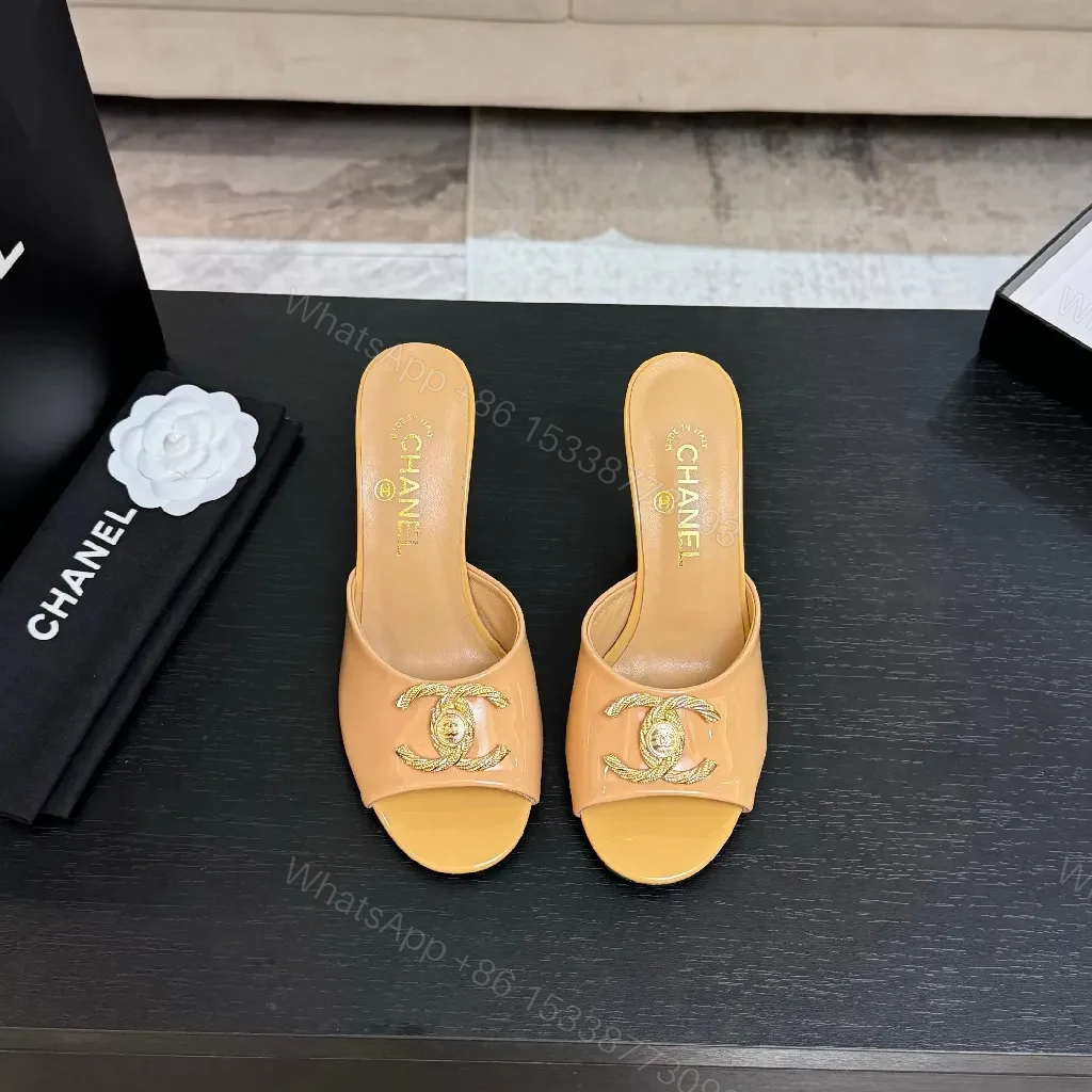 View 9 of Satin Mules: Nude-Toned, Gold-Emblem, Block Heel, Luxe Comfort