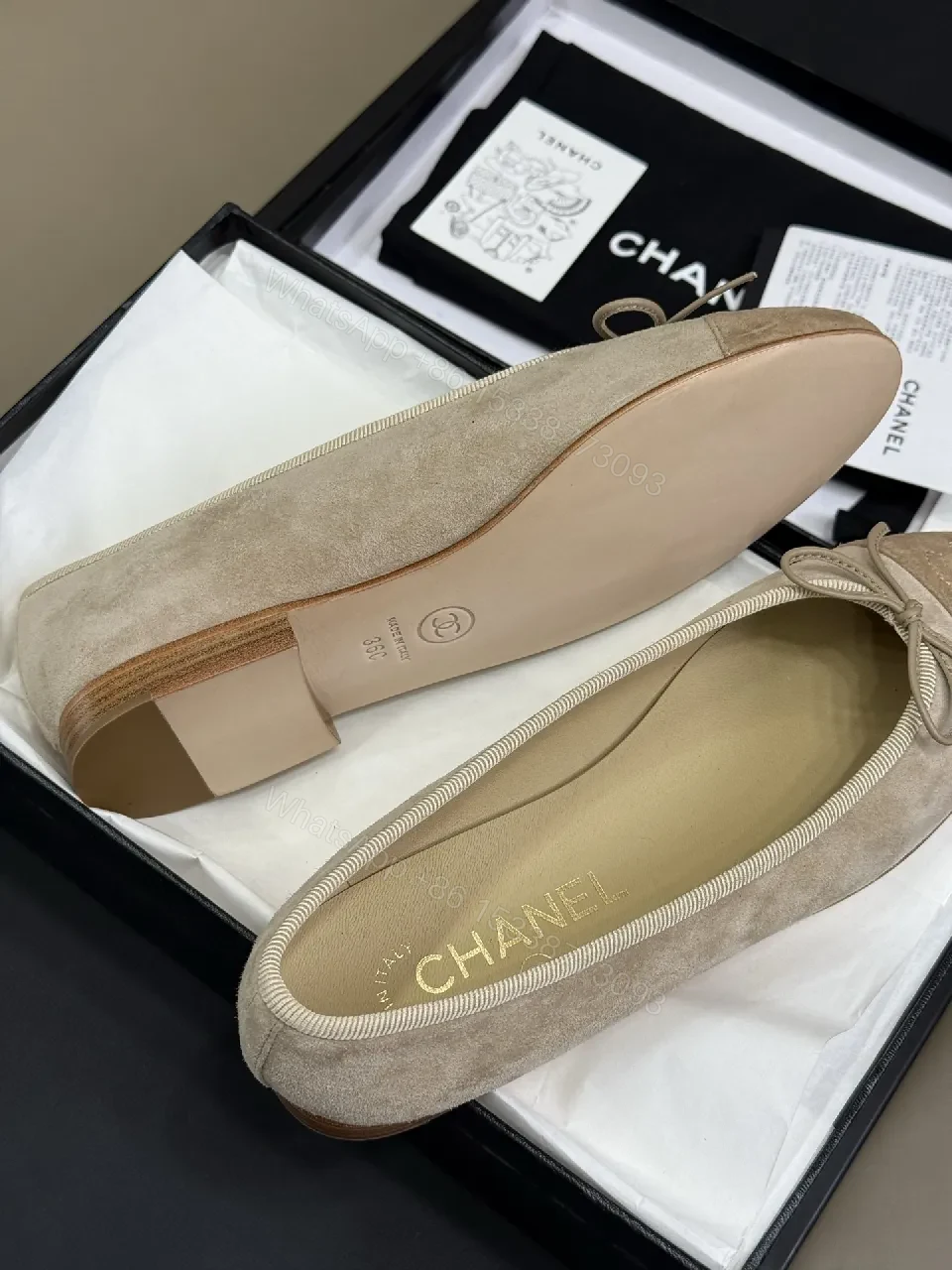 View 4 of Beige Suede Ballet Flats with Discreet Logo Emblem