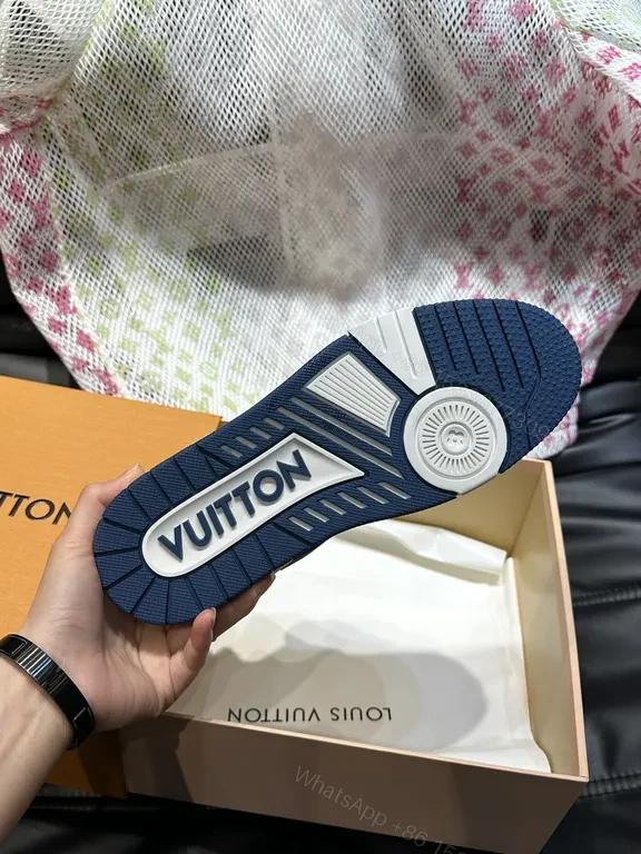 View 4 of White Leather Low-Top Sneakers with Navy LV Accent Brand-Logo