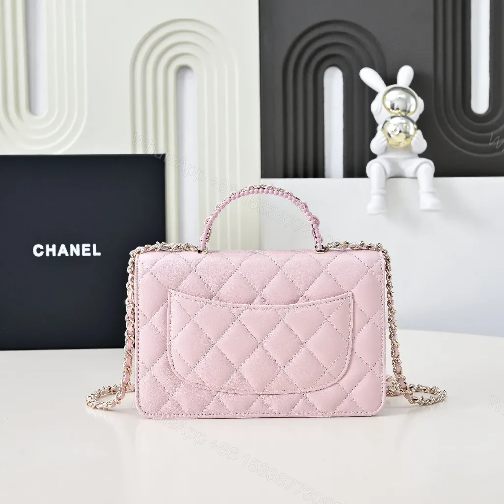 View 9 of Soft Pink Quilted Mini Bag with Gold Chain, Satin Texture, Everyday Luxury