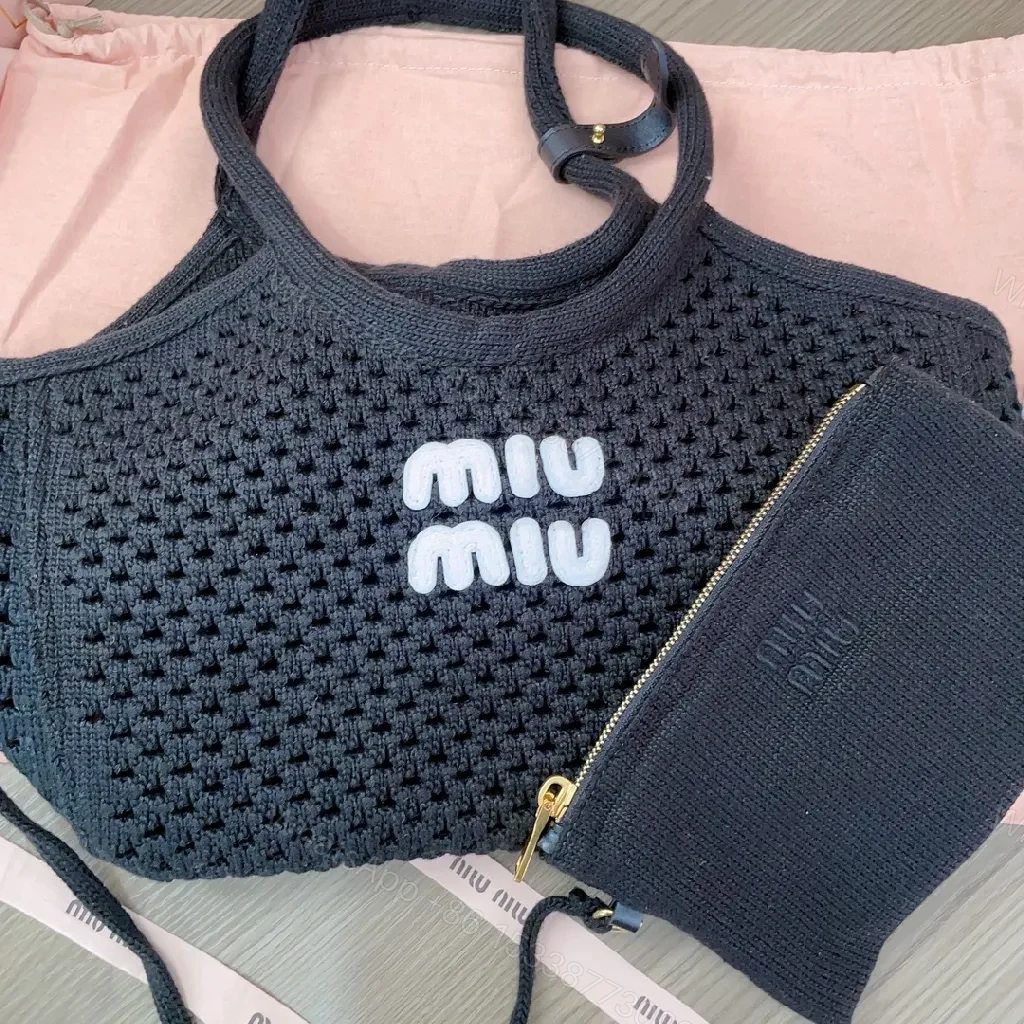 View 9 of Black Crochet Tote, Fine Knit, Minimalist, Logo Embroidery Tote Bag