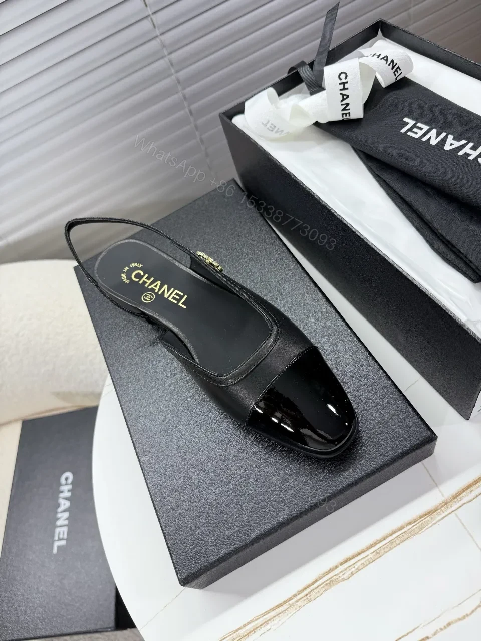 View 4 of Glossy Cap-Toe Black Slingback Mules, Luxury Style, All-Day Comfort