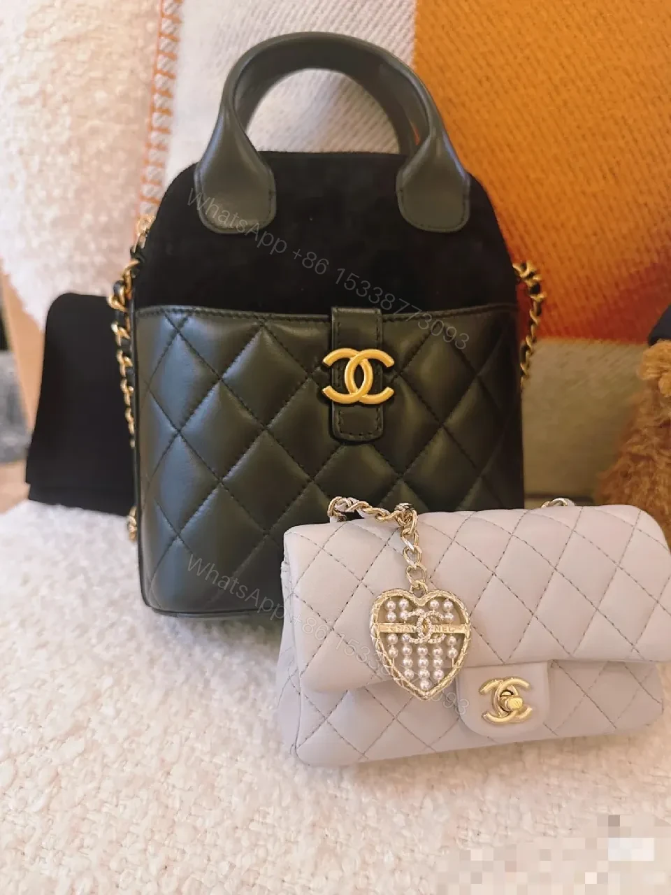 View 7 of Quilted Leather Mini Bag with Velvet Accents, Gold Chain