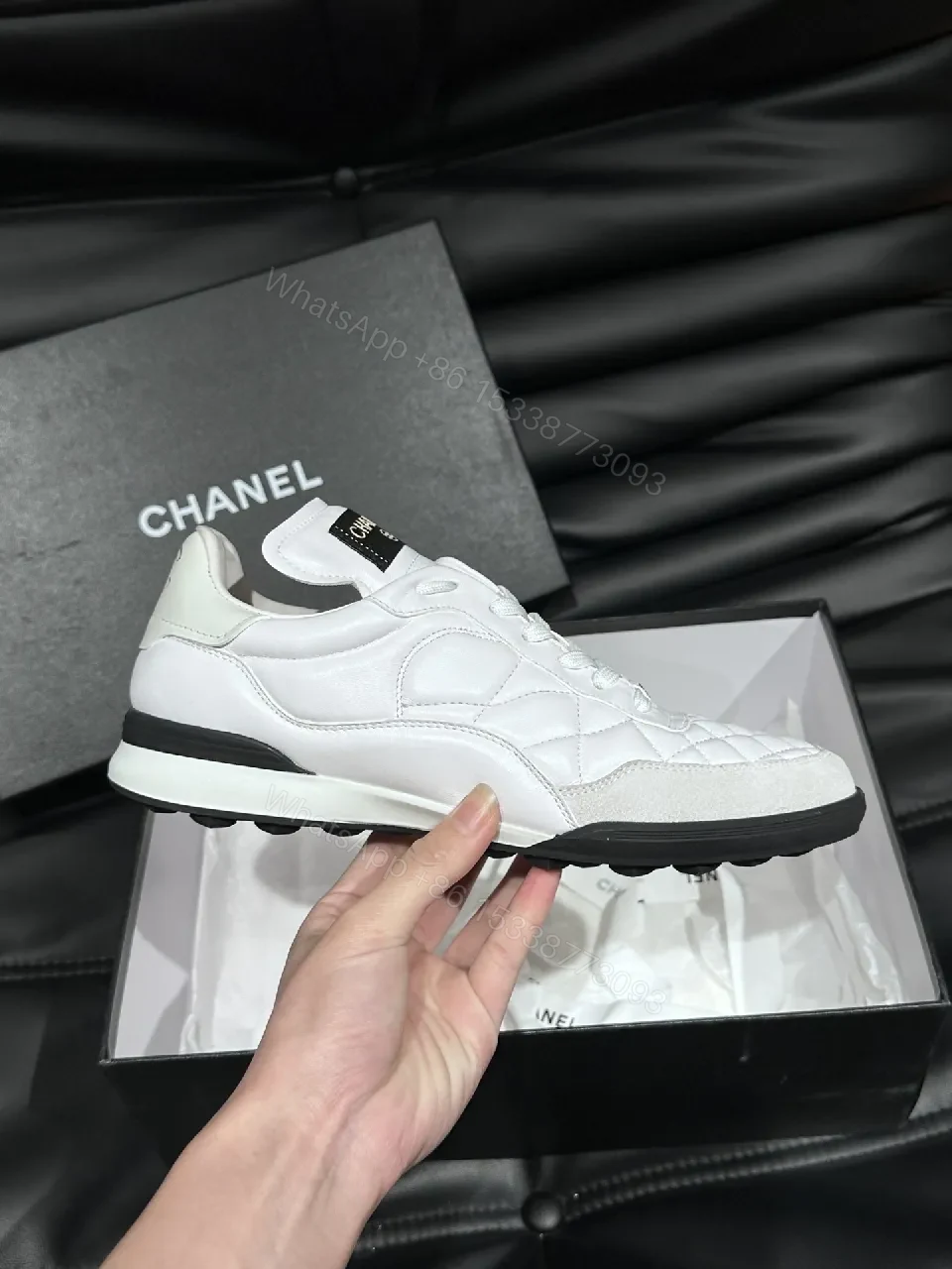 View 6 of White Quilted Low-Top Sneakers with Chanel-Inspired Detail