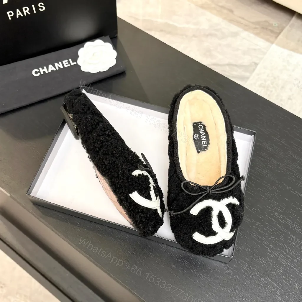 View 8 of Black Shearling Slippers with Logo Accent, Luxe Knit Sole