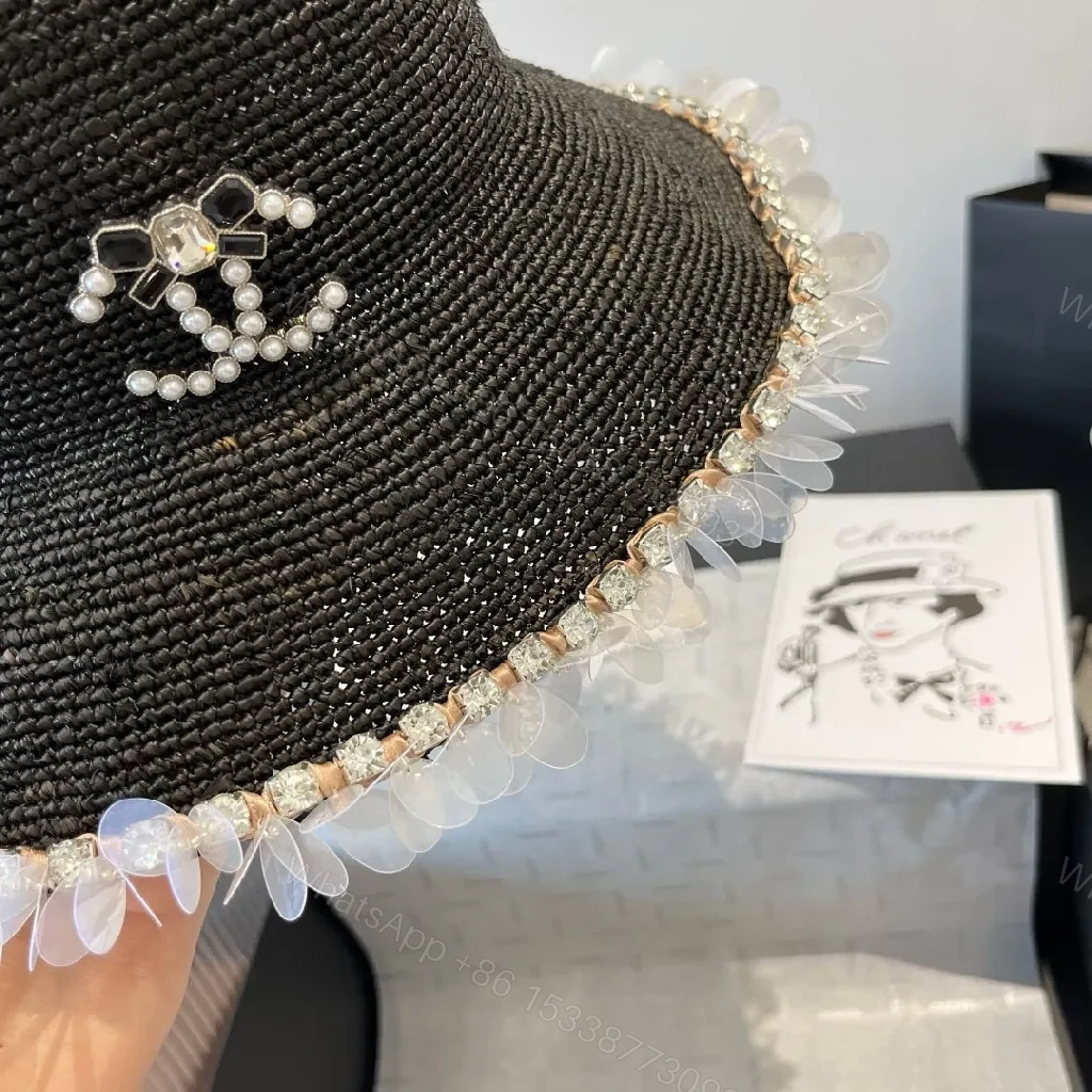 View 2 of Black Straw Hat with Pearl Logo and Crystal Trim