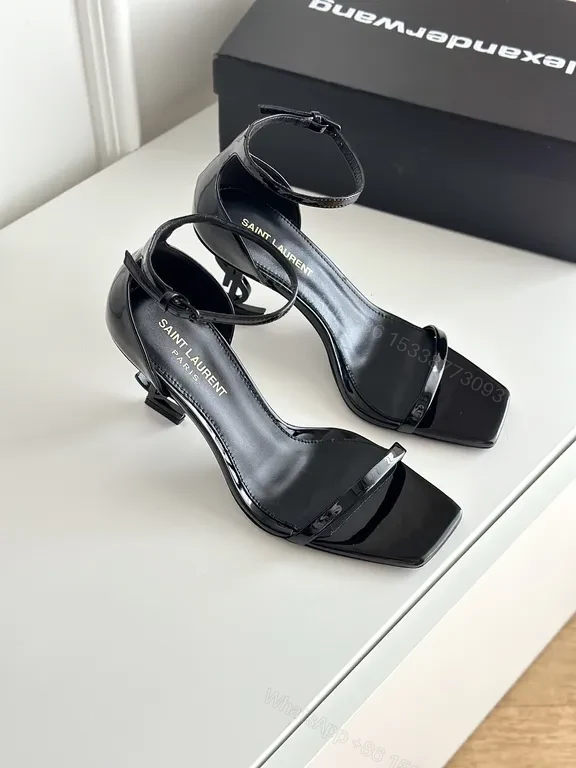 View 7 of Chic Black Patent Strappy Sandal by Saint Laurent - Elegant City Heel