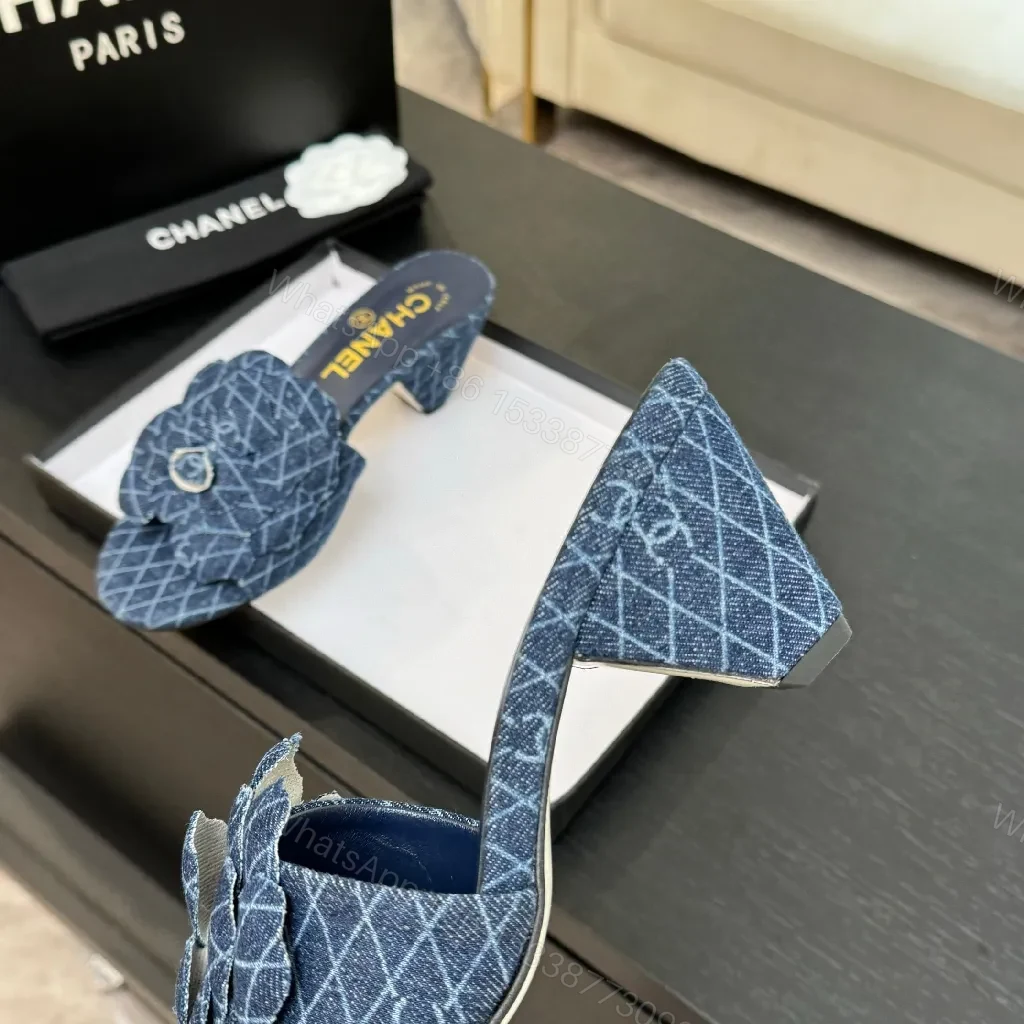 View 2 of Denim-Textured Mule Sandals with Luxe Emblem
