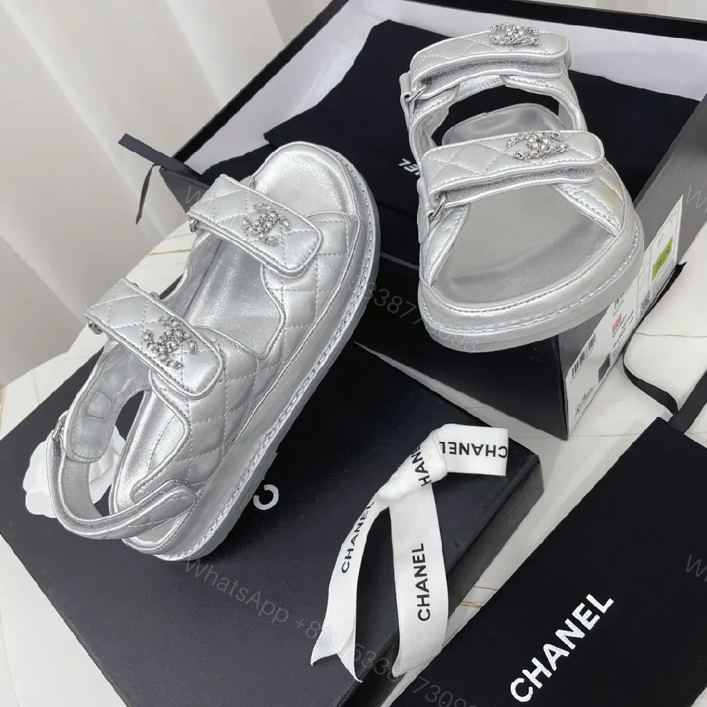 View 9 of Shimmer Silver Quilted Slides: Luxury Streetwear Sandals