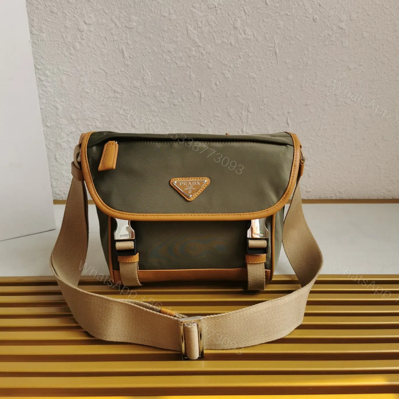 MESSENGER BAG 20 IN KHAKI GREEN RE-NYLON AND BROWN CALFSKIN TRIM — view 1
