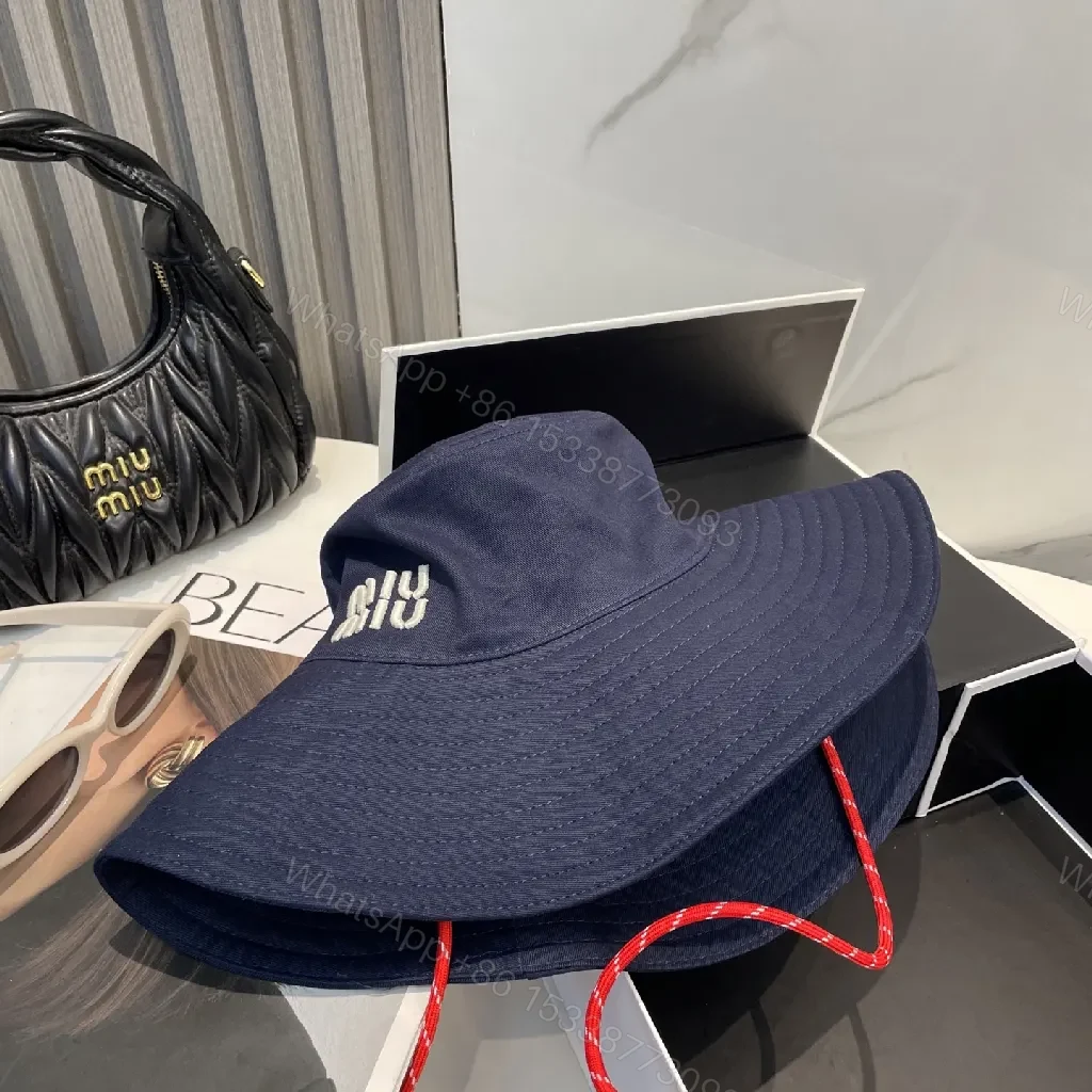 View 5 of Navy Wide-Brim Bucket Hat with Embroidered Logo