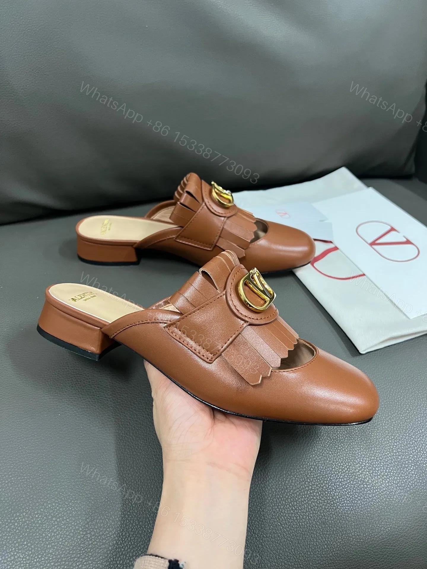 View 5 of Valentino Women Brown Leather Fringe Mules