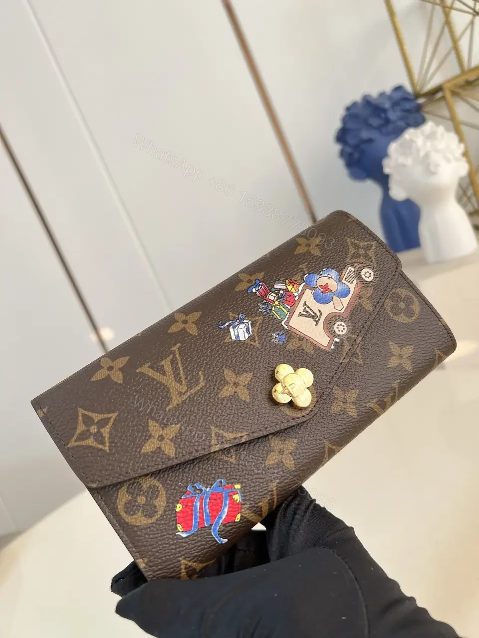 View 2 of Playful Monogram Wallet: Luxe Canvas, Whimsical Patches, Gold-Accent