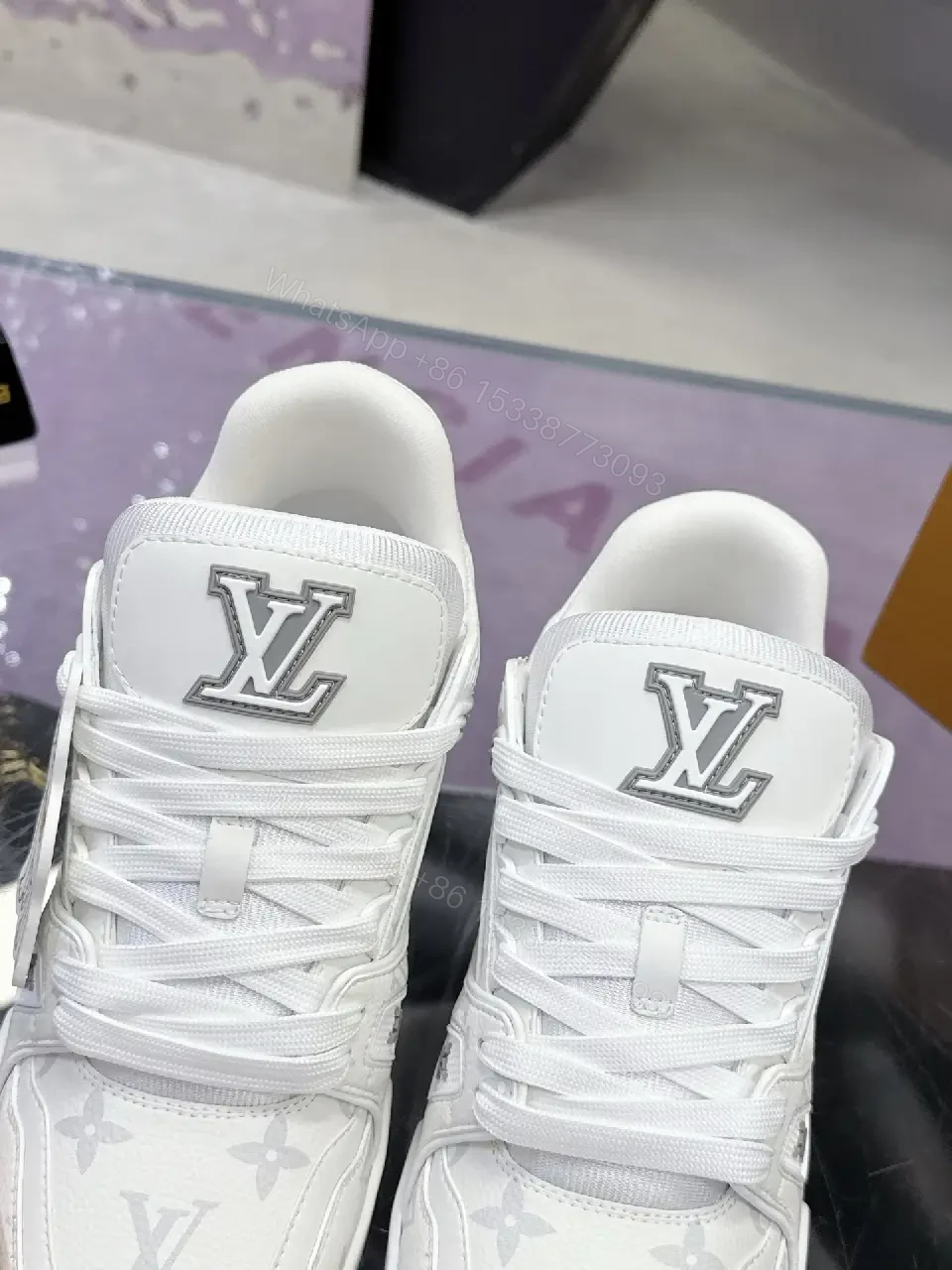 View 8 of White Leather Monogram Luxe Sneaker, All-Day Comfort