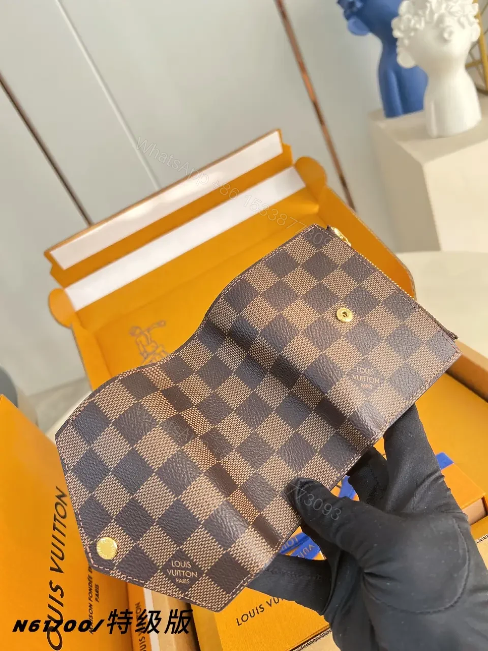 View 4 of Bold Checkered Wallet in Luxe Box, Bi-fold, Gold Snap