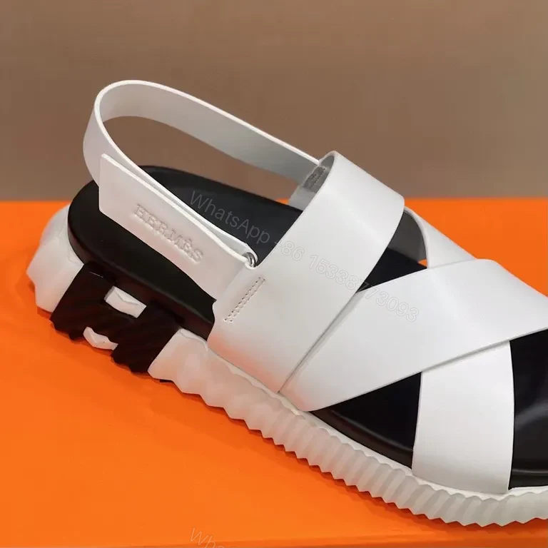 View 3 of White Leather Cross-Strap Platform Sandals - Hermes-Influenced Luxury