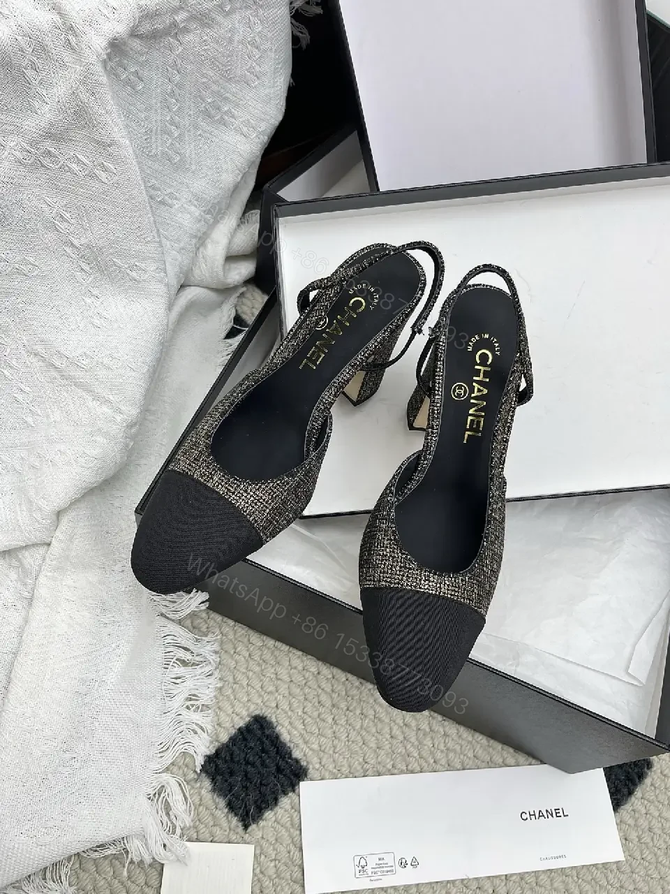 View 3 of Tweed-Textured Flats with Black Cap Toe - Ballet Style, Bowed Details