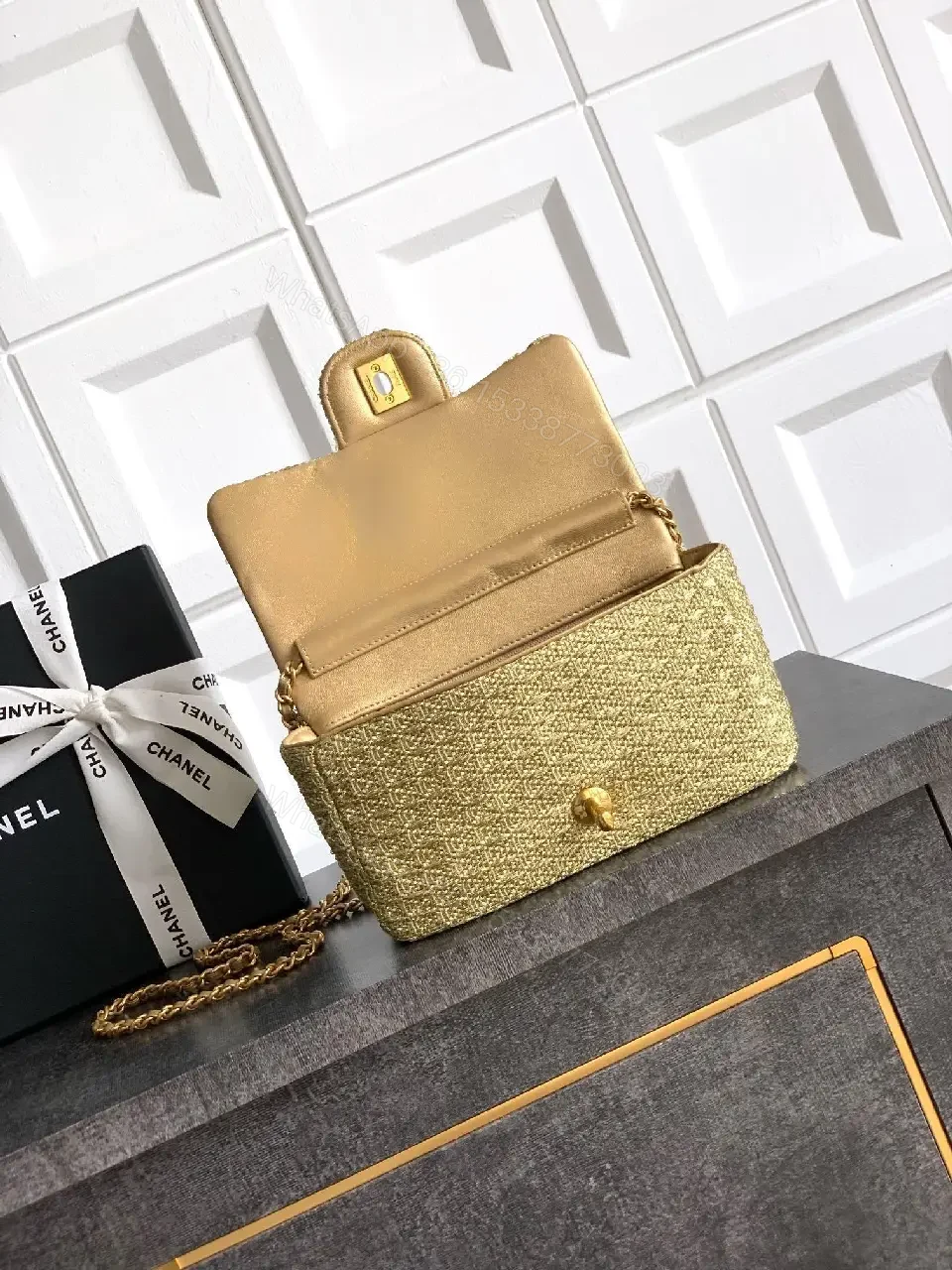 View 6 of Gold Glitter Clutch with Iconic Logo, Lux Evening Bag