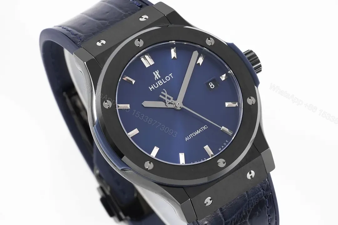 View 2 of Hublot Classic Fusion Blue Dial Automatic Watch Black Ceramic Case Blue Crocodile Leather Strap