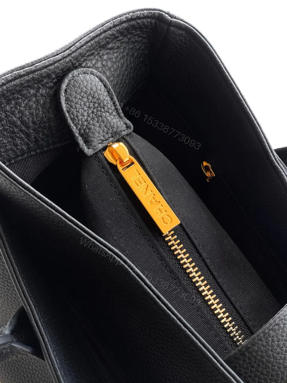 View 8 of Structured Black Leather Tote with Gold Closure Tote