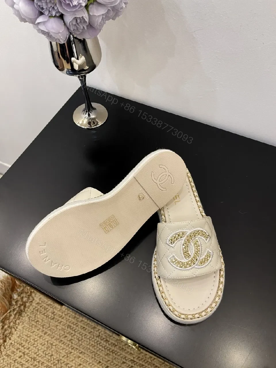 View 6 of Taupe Leather Slip-Ons: Luxe Logo Chic Comfort Sandals
