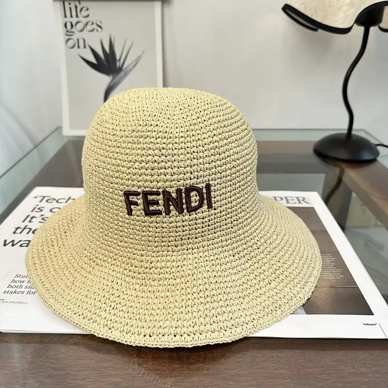 Natural Beige Straw Bucket Hat with Crochet Pattern — view 1