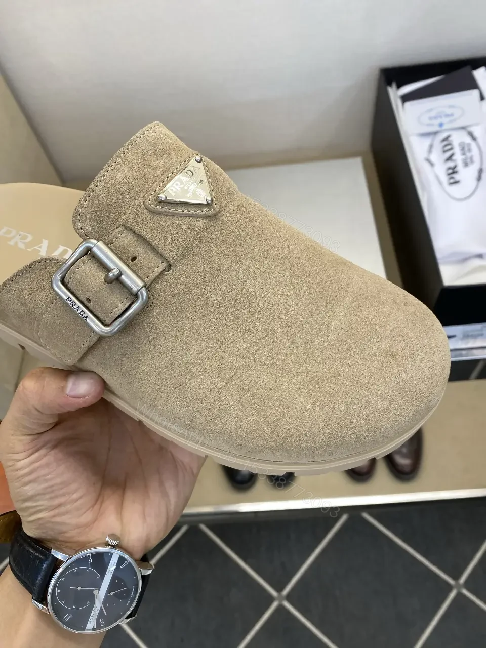 View 4 of Beige Suede Leather Prada Logo Mule Slippers