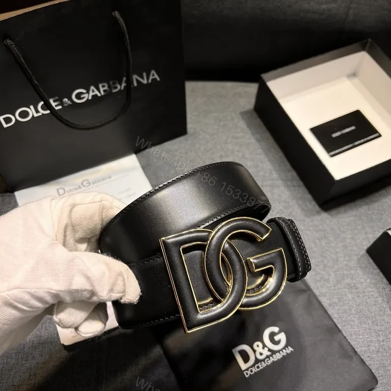 View 4 of Iconic DG Belt: Black Leather, Gold Interlocking Buckle, Luxury
