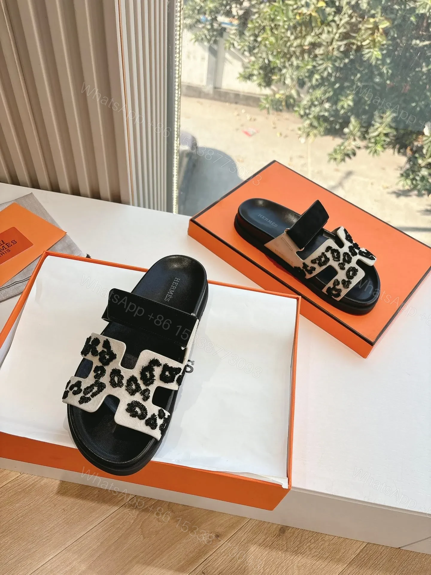 View 4 of Hermes Women Black Suede And Leopard Print Sandals