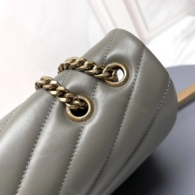 View 5 of Chic Quilted Gray Leather Flap Bag with YSL Gold Monogram