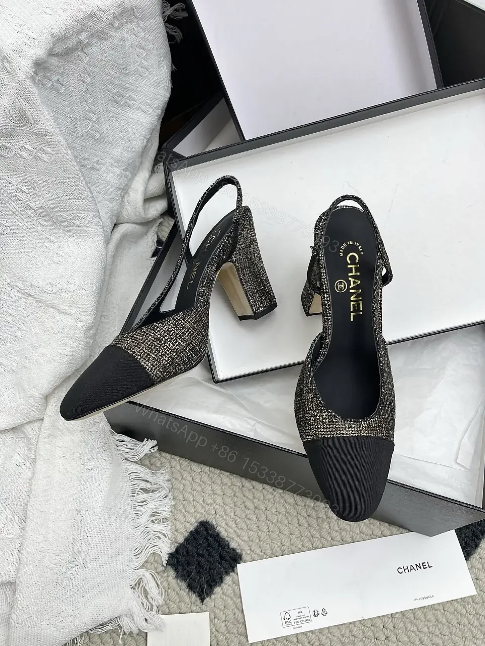 View 6 of Tweed-Textured Flats with Black Cap Toe - Ballet Style, Bowed Details