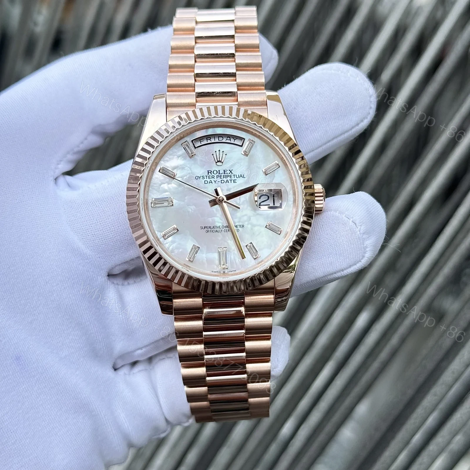 View 2 of Superclone Rolex Day-Date White Mother-of-Pearl Diamond Dial 128235-0078 36 mm