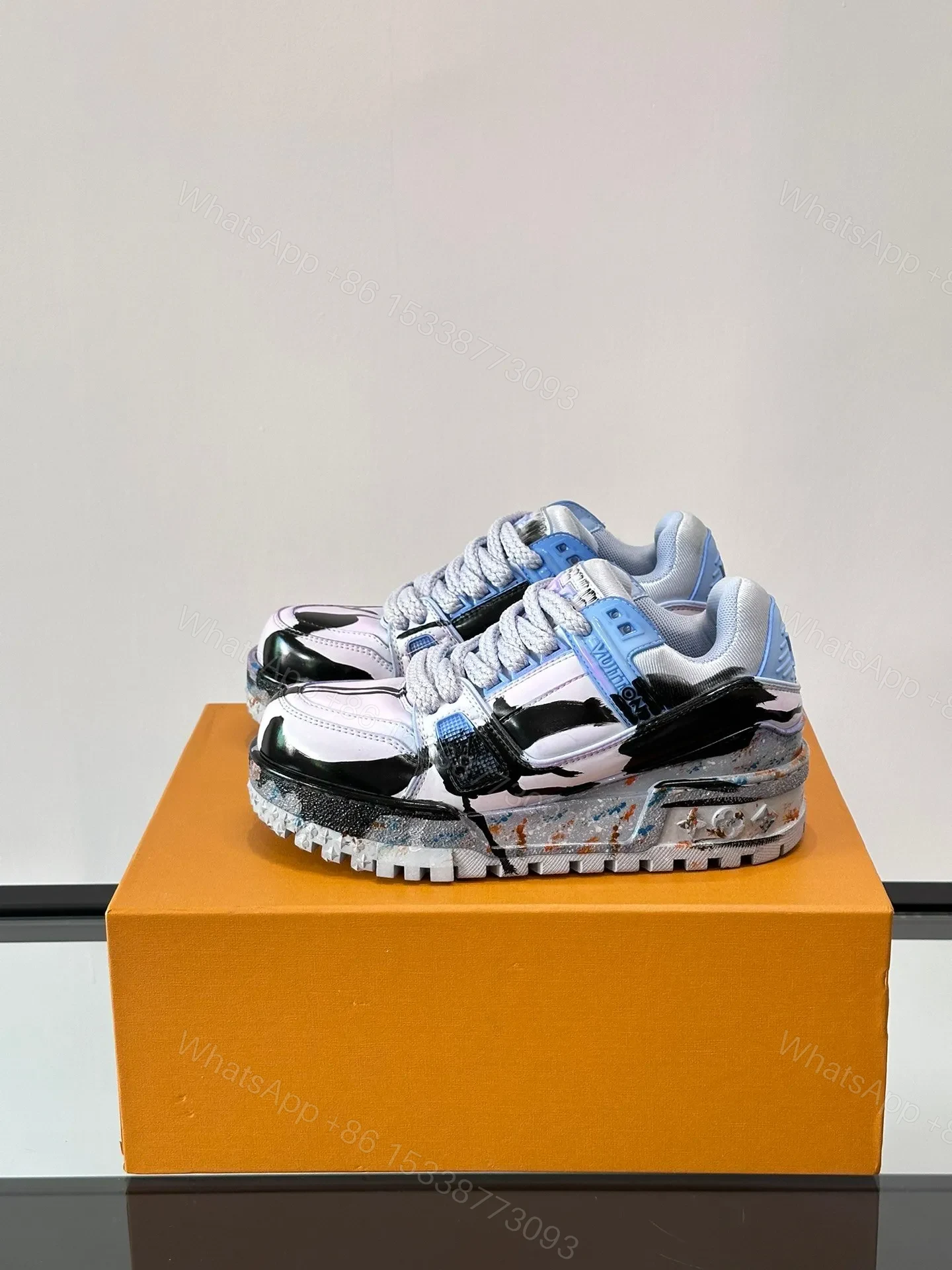 View 3 of LV Men Black White Blue Leather Sneakers
