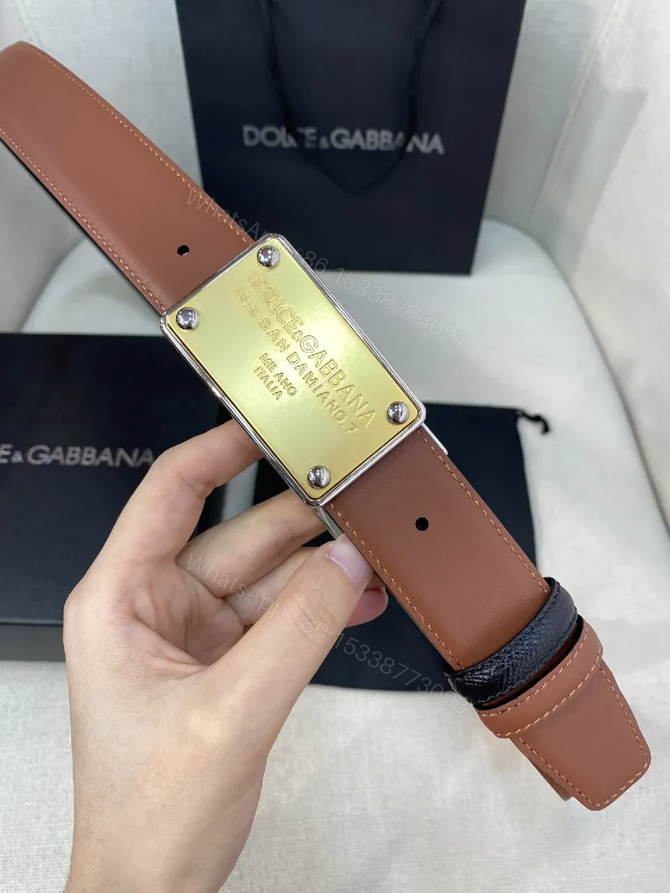 View 5 of Slim Leather Belt with Gold Plate Buckle - Luxury Everyday Accessory