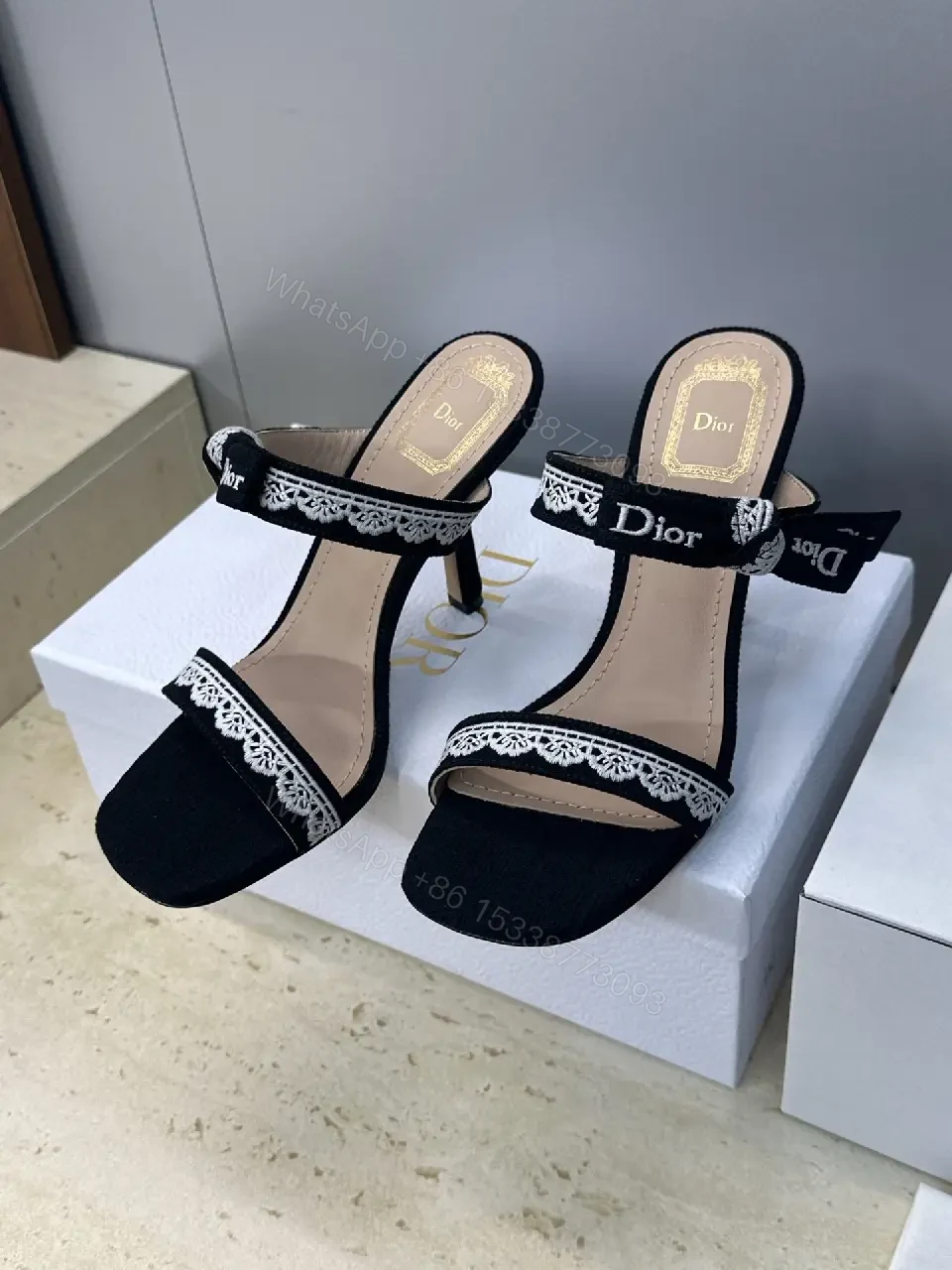 View 5 of Black Patent Lace-Trim Sandals with Dior Band, Open-Toe Heels