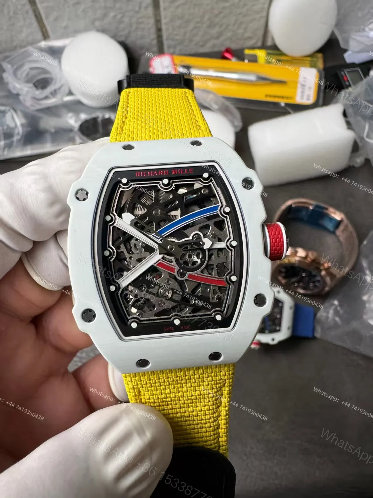 Super Clone Richard Mille RM67-02 White Ceramic Skeleton Tourbillon 1:1 Replica Watch with Yellow Strap — view 1