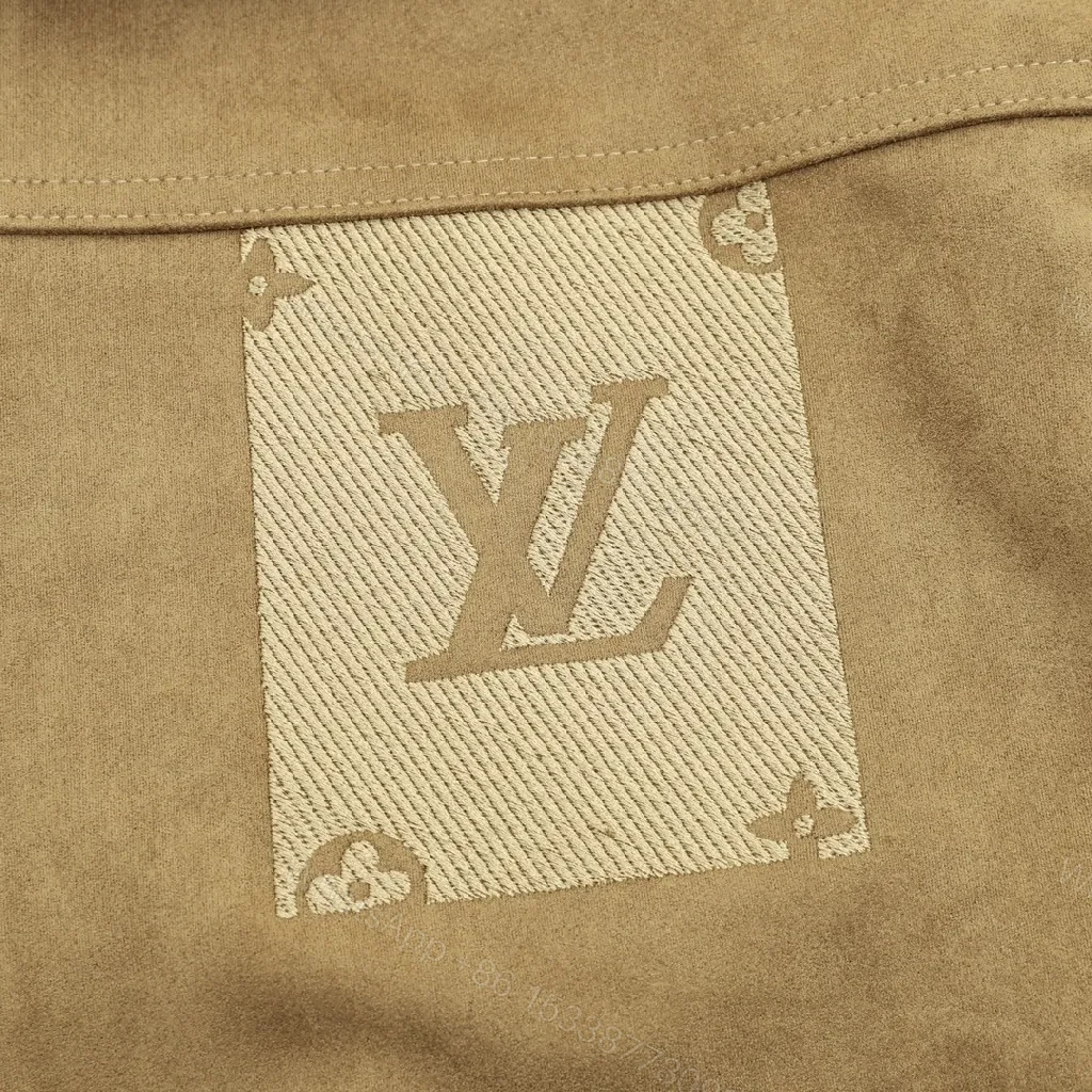 View 8 of Brown Suede Jacket with Shearling Collar & Monogram Panels - Luxe Streetwear Jacket